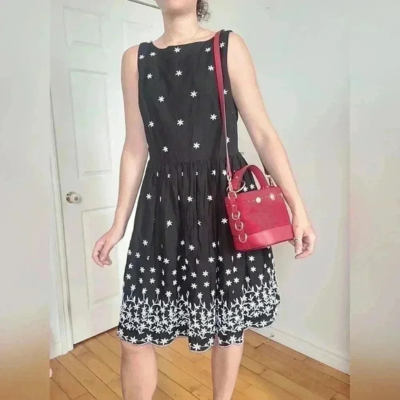 CHARTER CLUB 100% COTTON BLACK FLORAL EMBROIDERED A-LINE DRESS - Picture 7 of 8